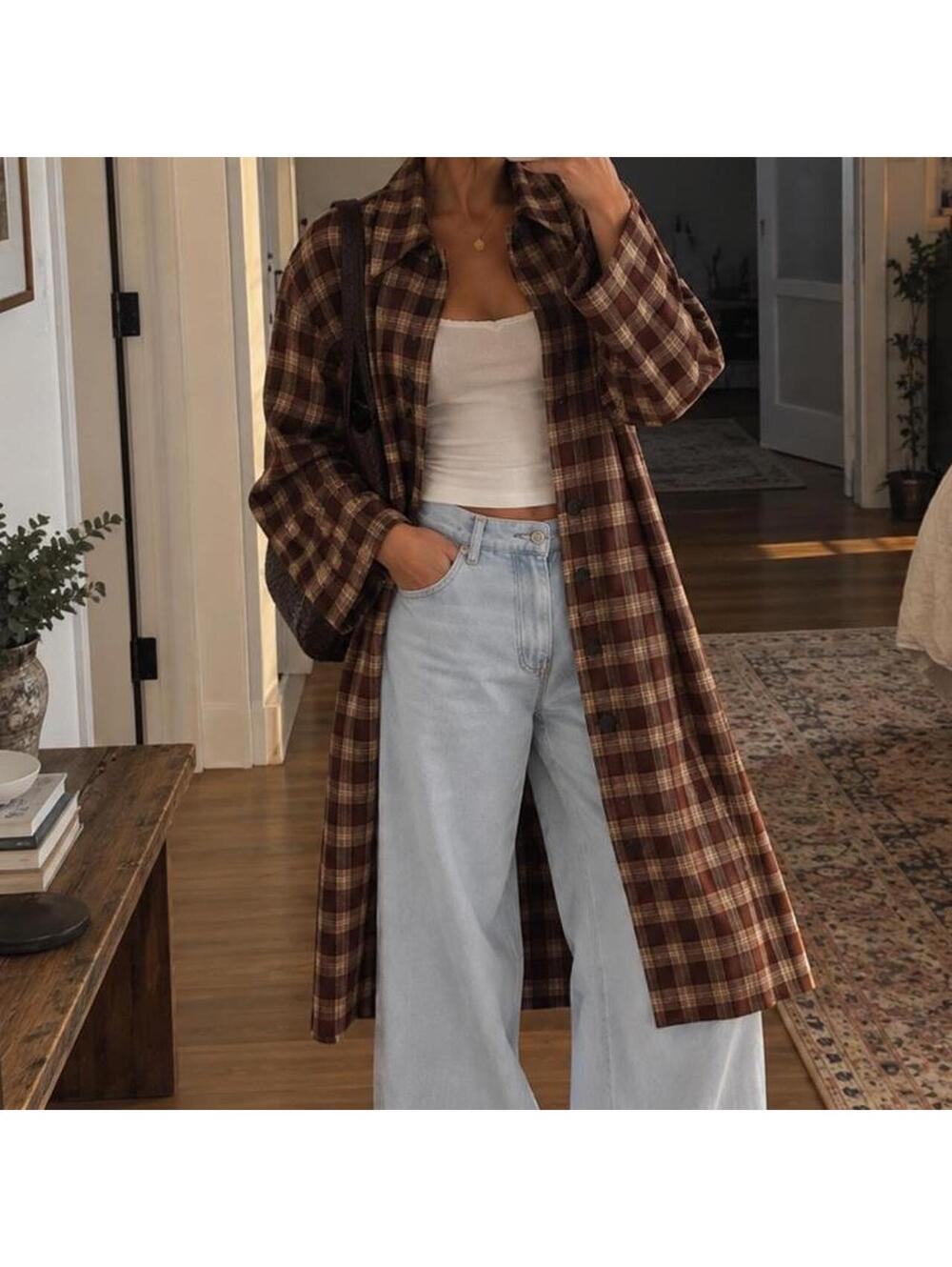 Reformation Beck Plaid Trench Coat in Brown Check